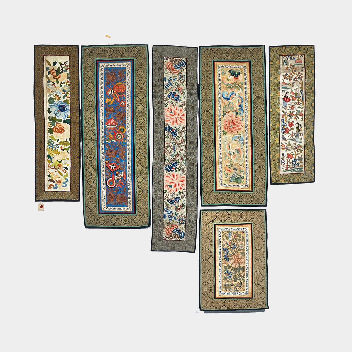Six Forbidden Stitch Silk Panels, Early 20th Century