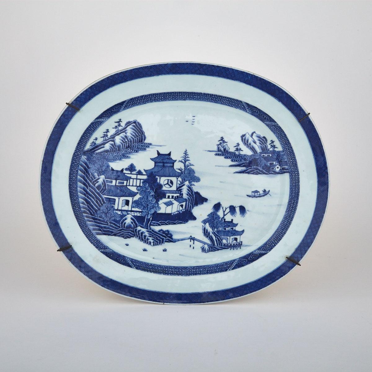 Large Export Blue and White Landscape Charger, 19th Century