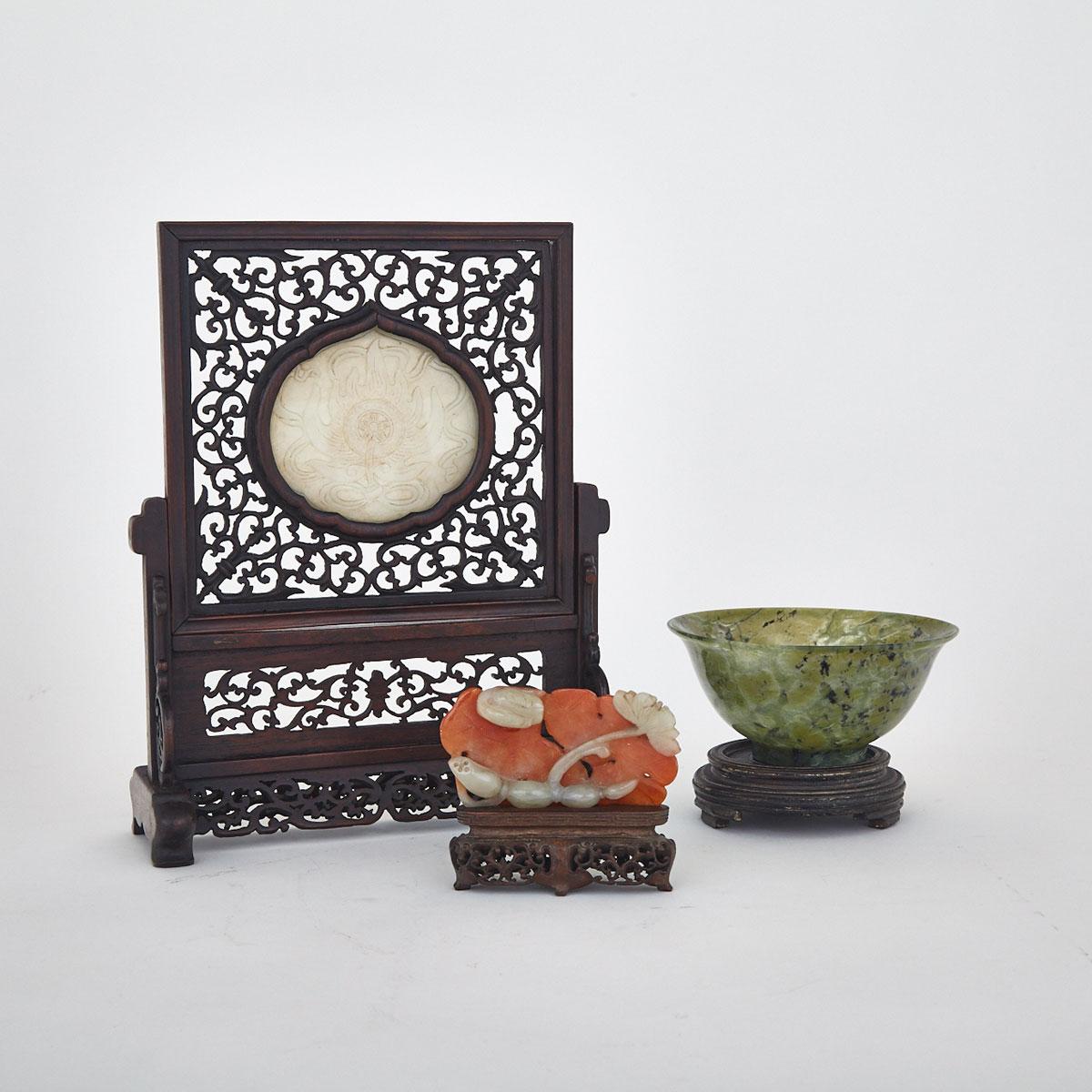 Jade Inlay and Rosewood Table Screen, Early 20th Century 