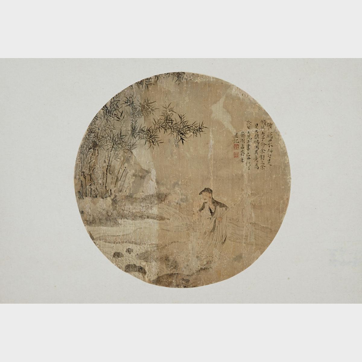 Fan Scholar Painting, Jiang Lian (1796-1836?) TOGETHER with Fan Bird Scene Painting, Pan Zhengyong (1852-1921)