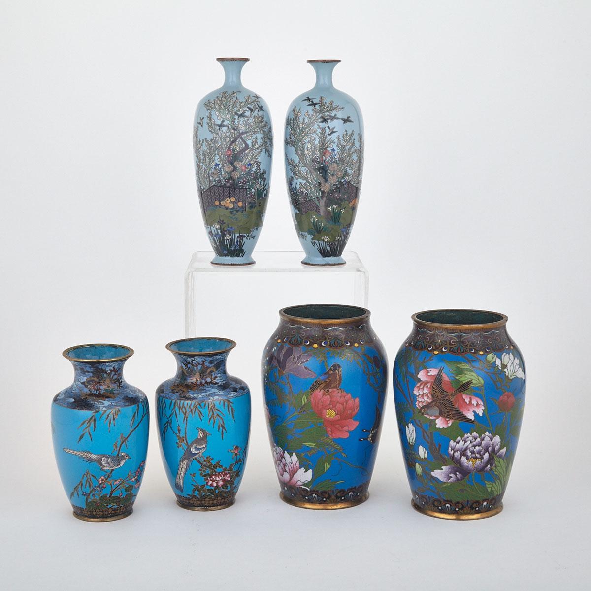 Three Pairs of Cloisonné Enamel Vases, Japan, First-Half 20th Century