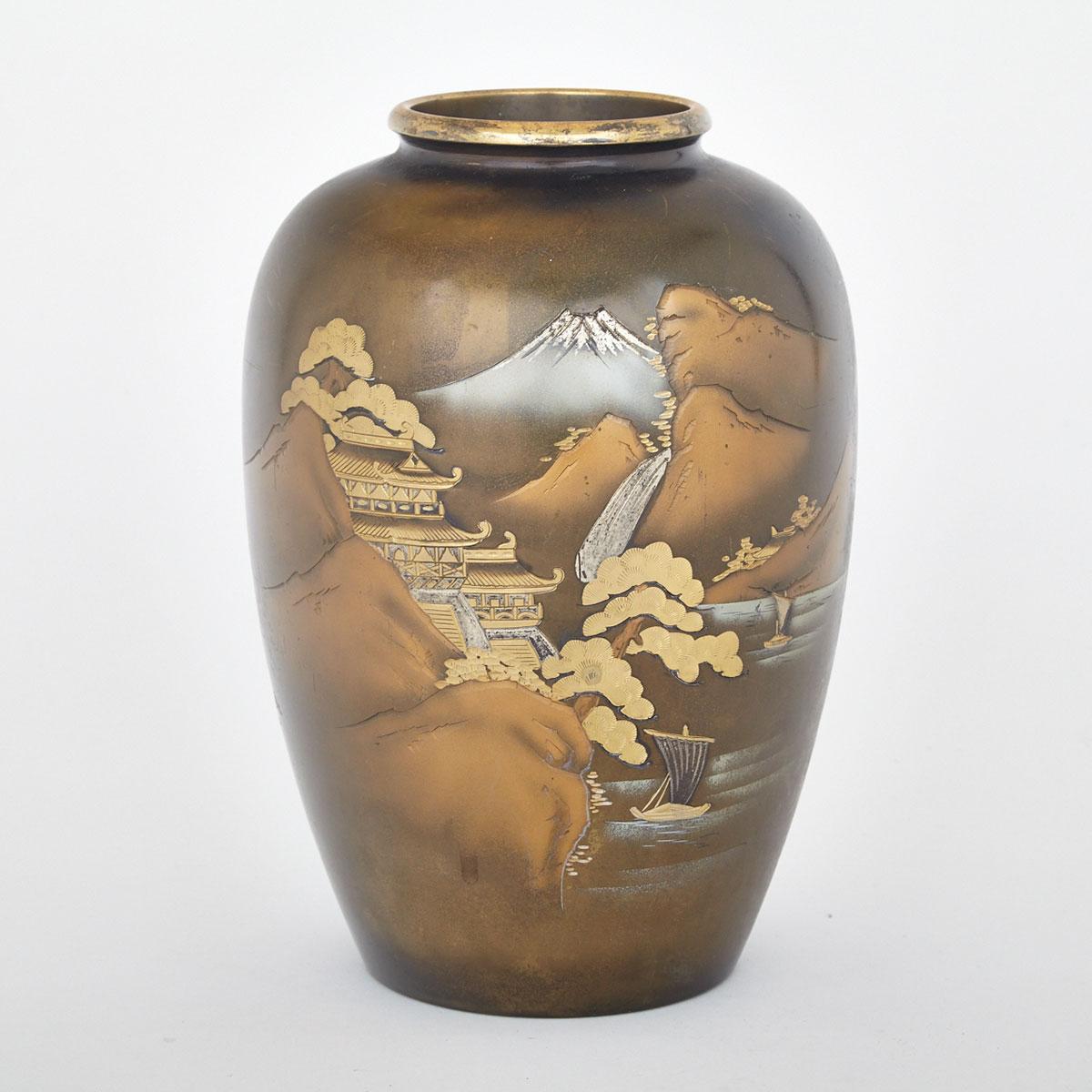 Mixed-Metal Inlay Landscape Vase, Circa 1900