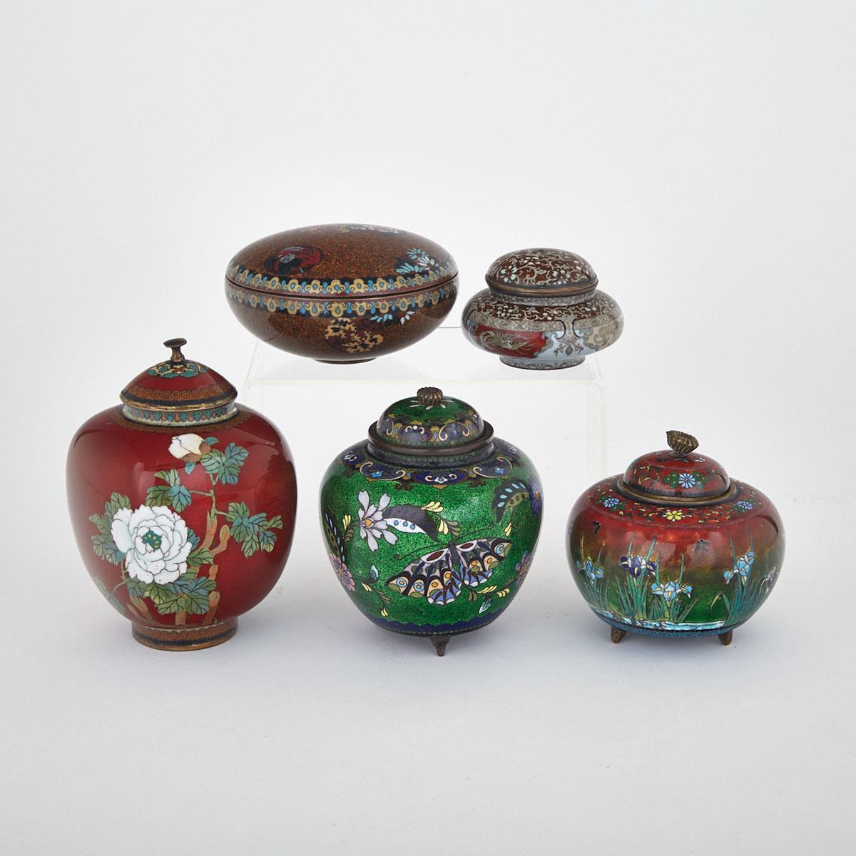 Five Cloisonné Enamel Covered Containers, Japan, Early 20th Century