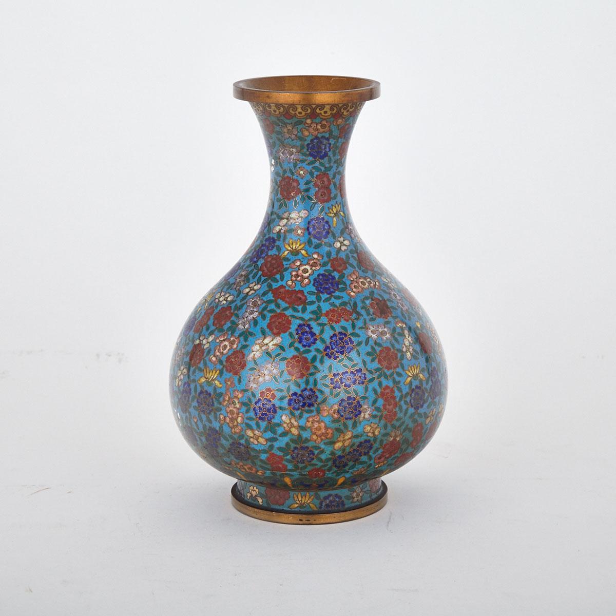 Blue Ground Cloisonné Enamel Floral Vase, Lao Tienli Mark, China, Early 20th Century