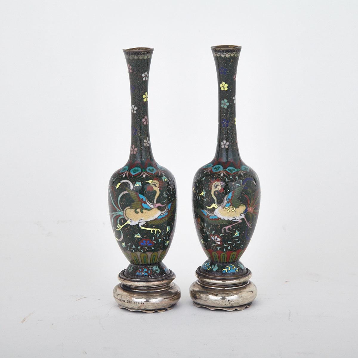 Pair of Goldstone Inlay and Silver Mounted Cloisonné Enamel Bottle Vases, Japan, Early 20th Century