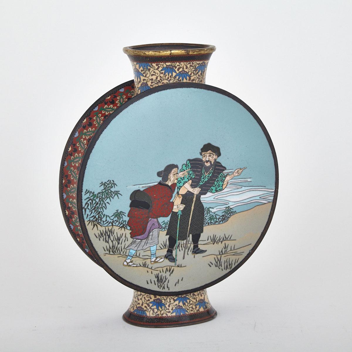 Unusual Cloisonné Enamel ‘Folk Tales’ Moonflask, Japan, Early 20th Century