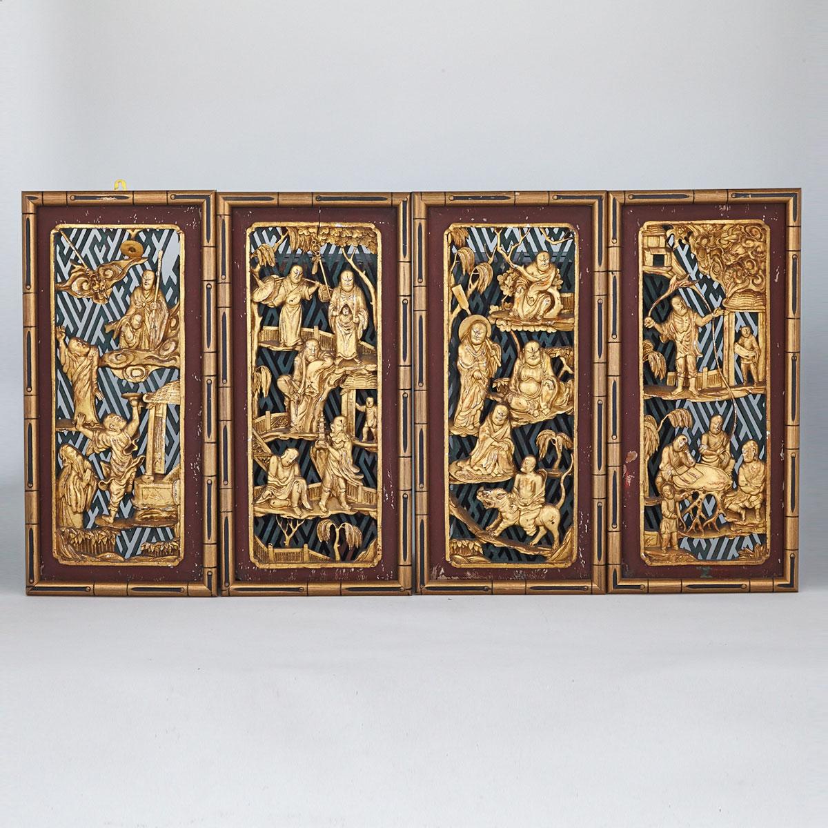 Four Gilt Lacquer Wood ‘Lohan’ Panels