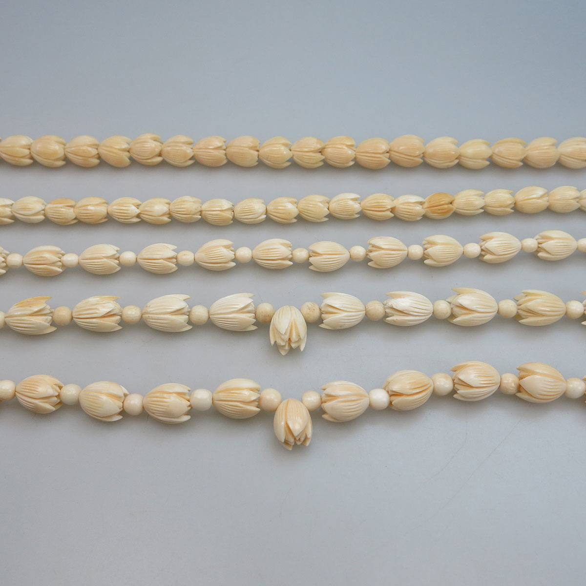 5 Carved Ivory Pikake Flower Bead Necklaces