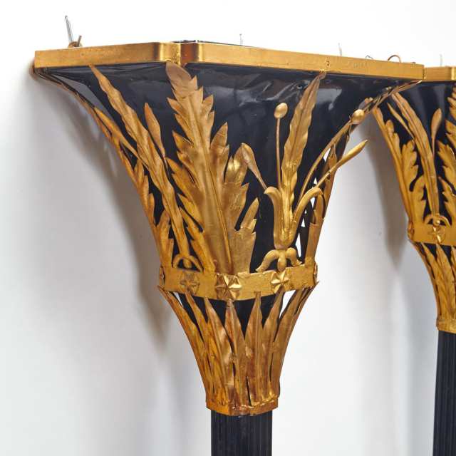 Large Pair of Empire Style Parcel Gilt and Black Lacquered Metal Torchiere  Wall Sconces, mid 20th century