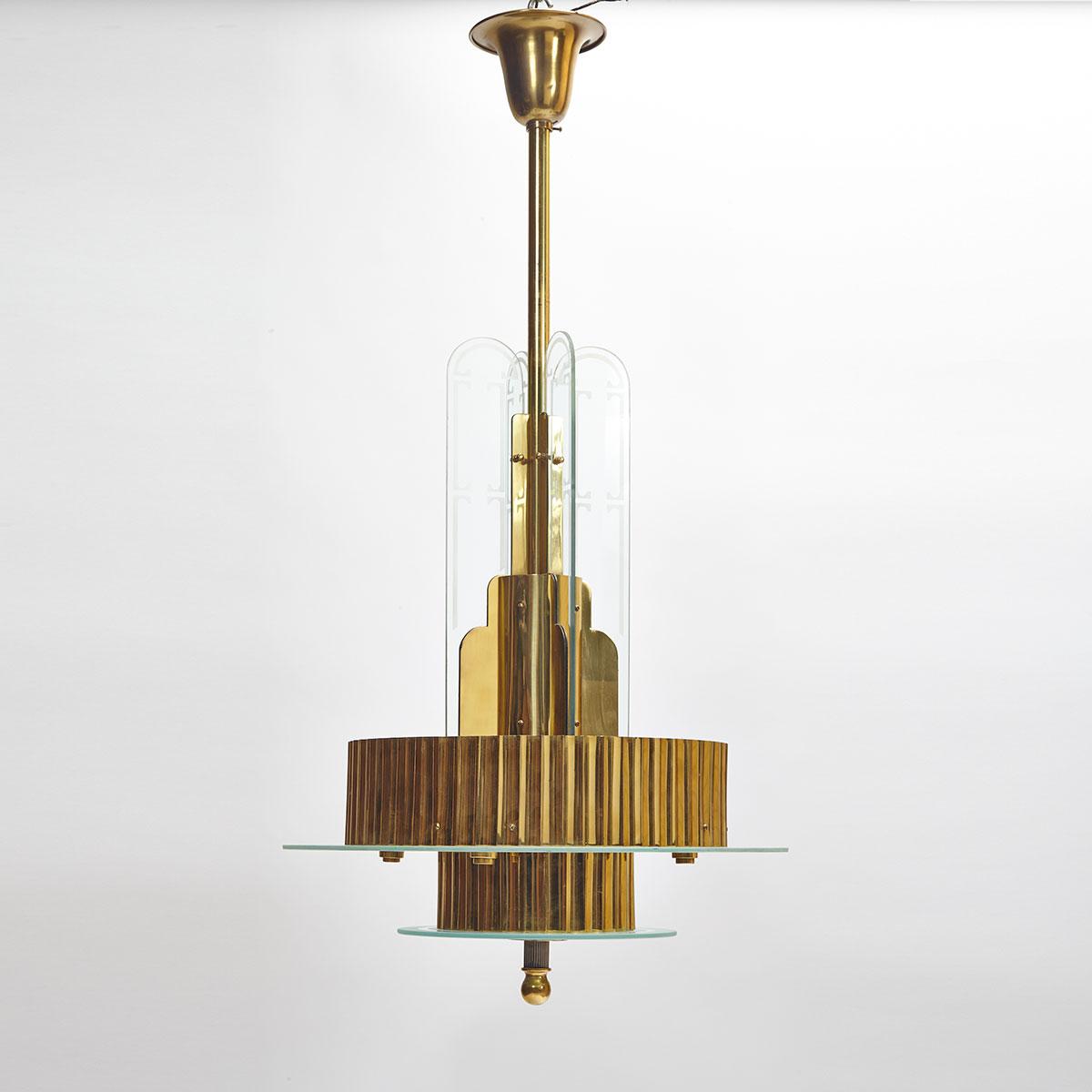 Art Deco Style Brass and Etched Glass Chandelier, mid 20th century