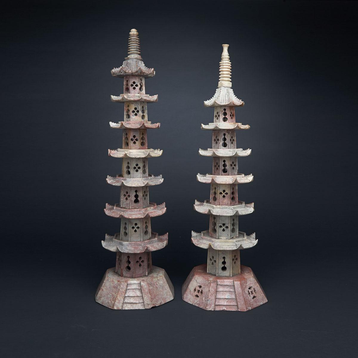 Two Chinese Hardstone Models of Pagodas, mid 20th century