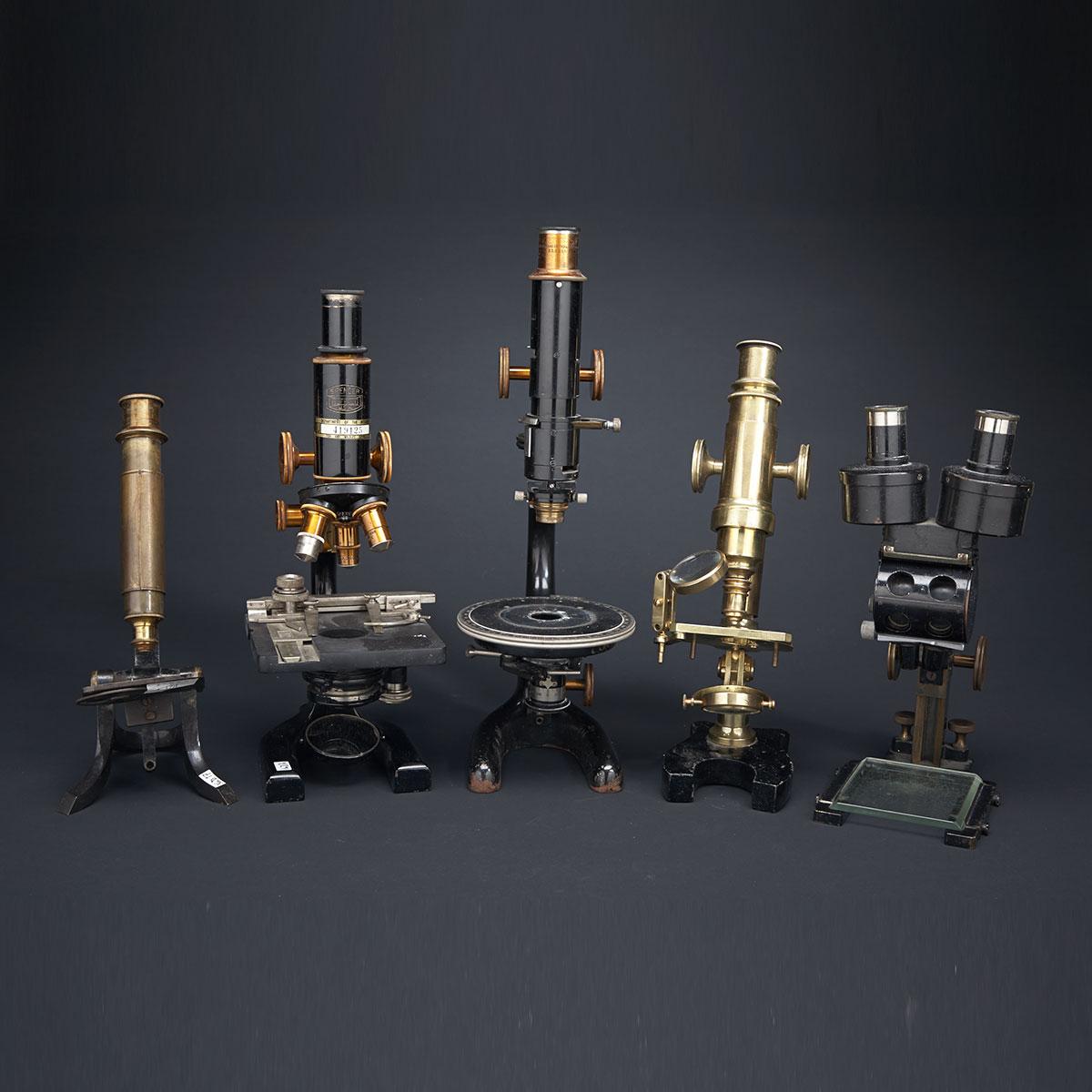 Group of Five Victorian and Edwardian Microscopes, 19th and early 20th centuries