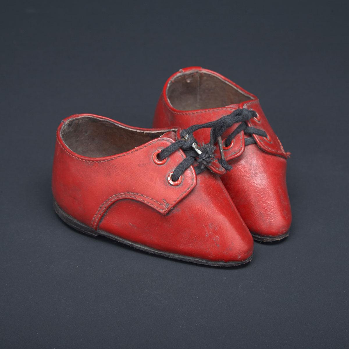 Pair of Chinese Red Leather Shoes for Bound Feet, early-mid 20th century