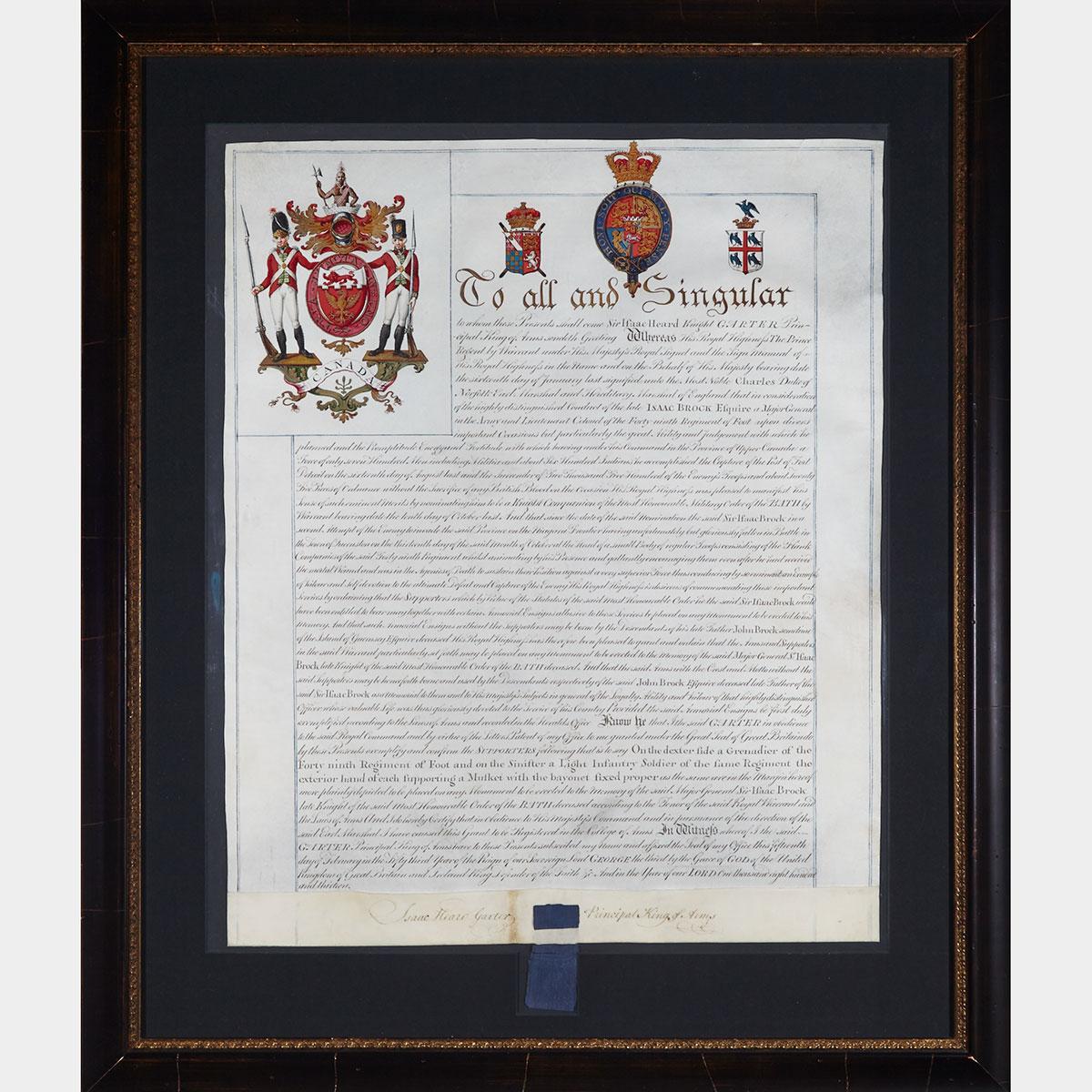 Royal Letters Patent Grant of Arms to Knight Companion of the Most Honourable Military Order of the Bath to Sir Isaac Brock, January 16th, 1813