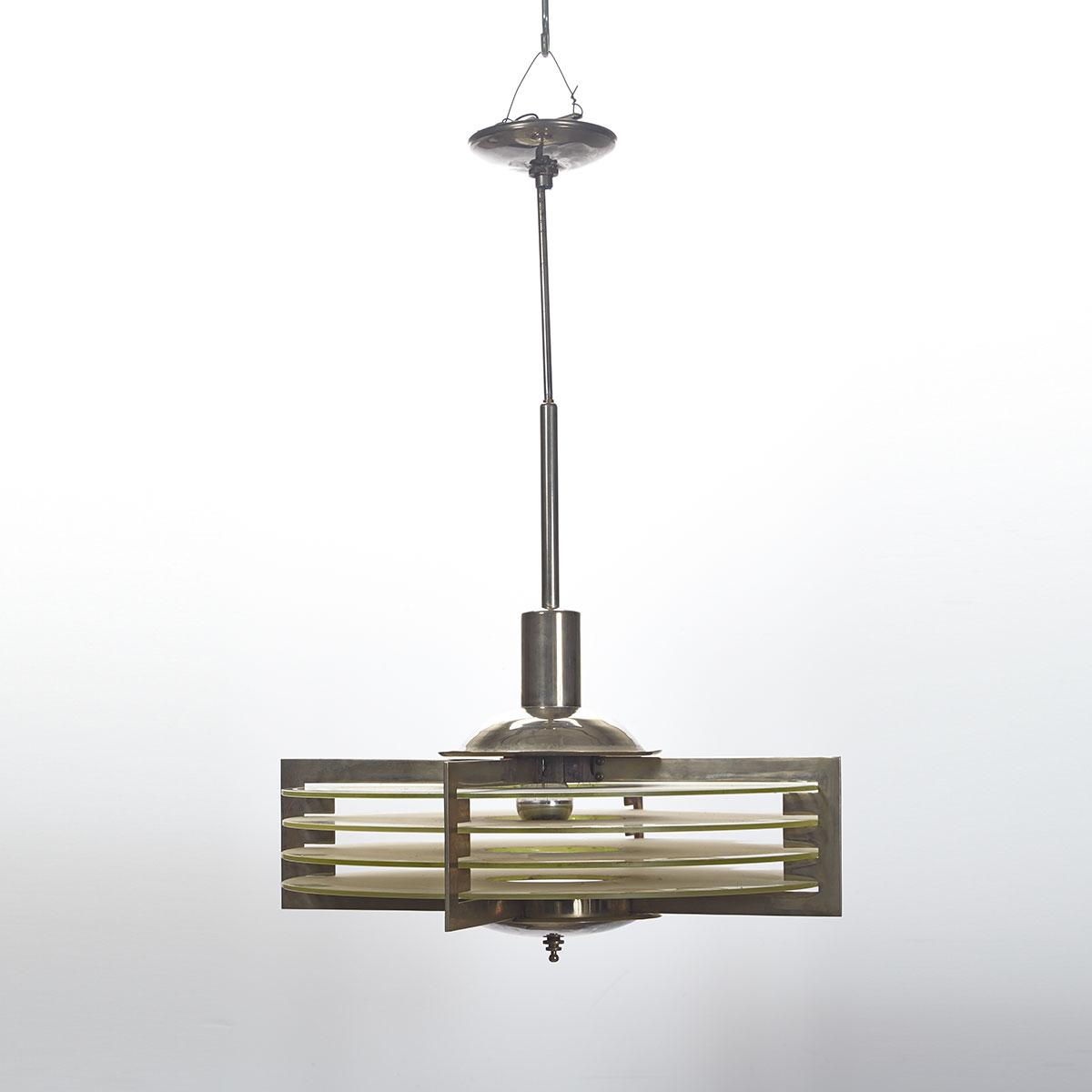 Art Deco Nickel and Etched Glass Chandelier, mid 20th century