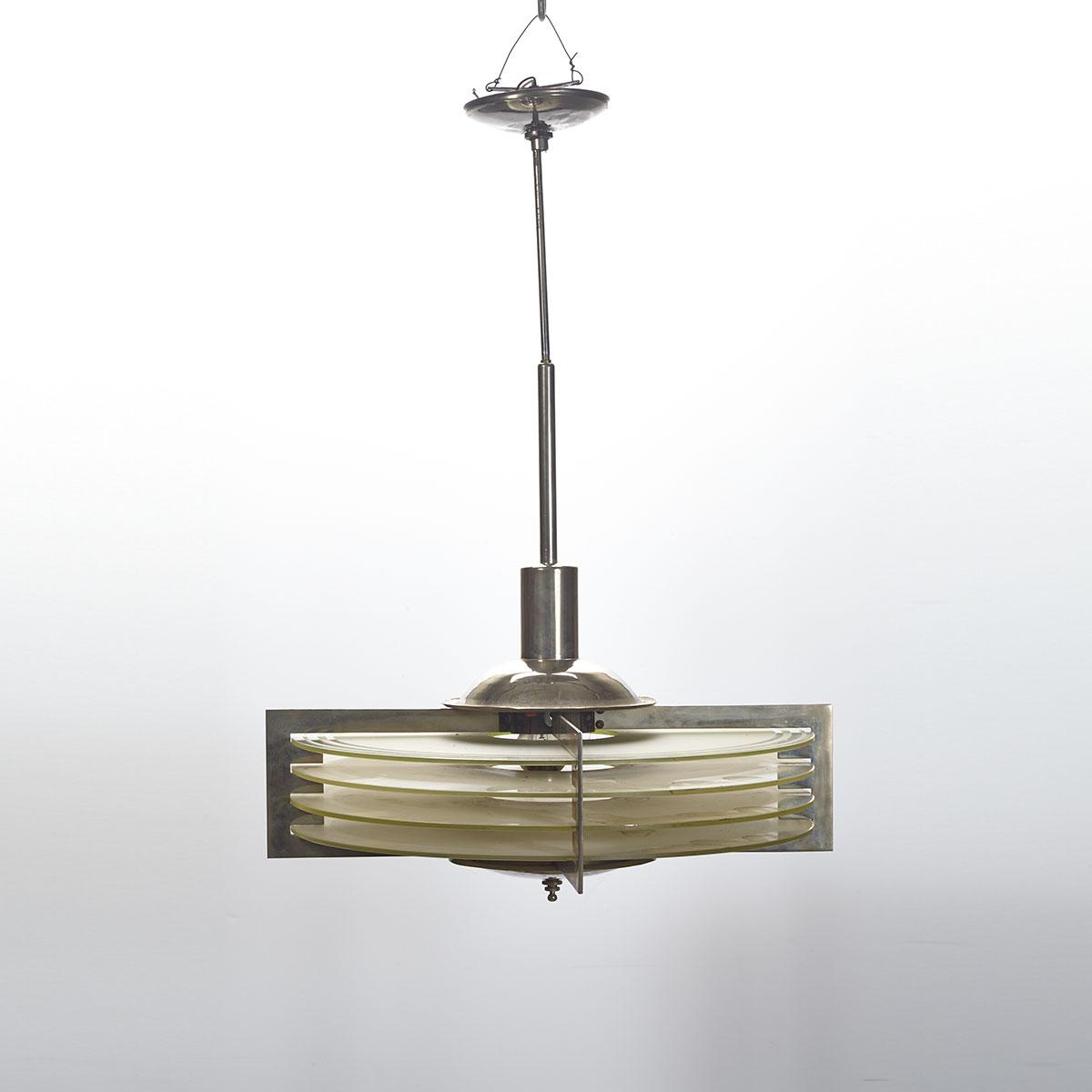 Art Deco Nickel and Etched Glass Chandelier, mid 20th century
