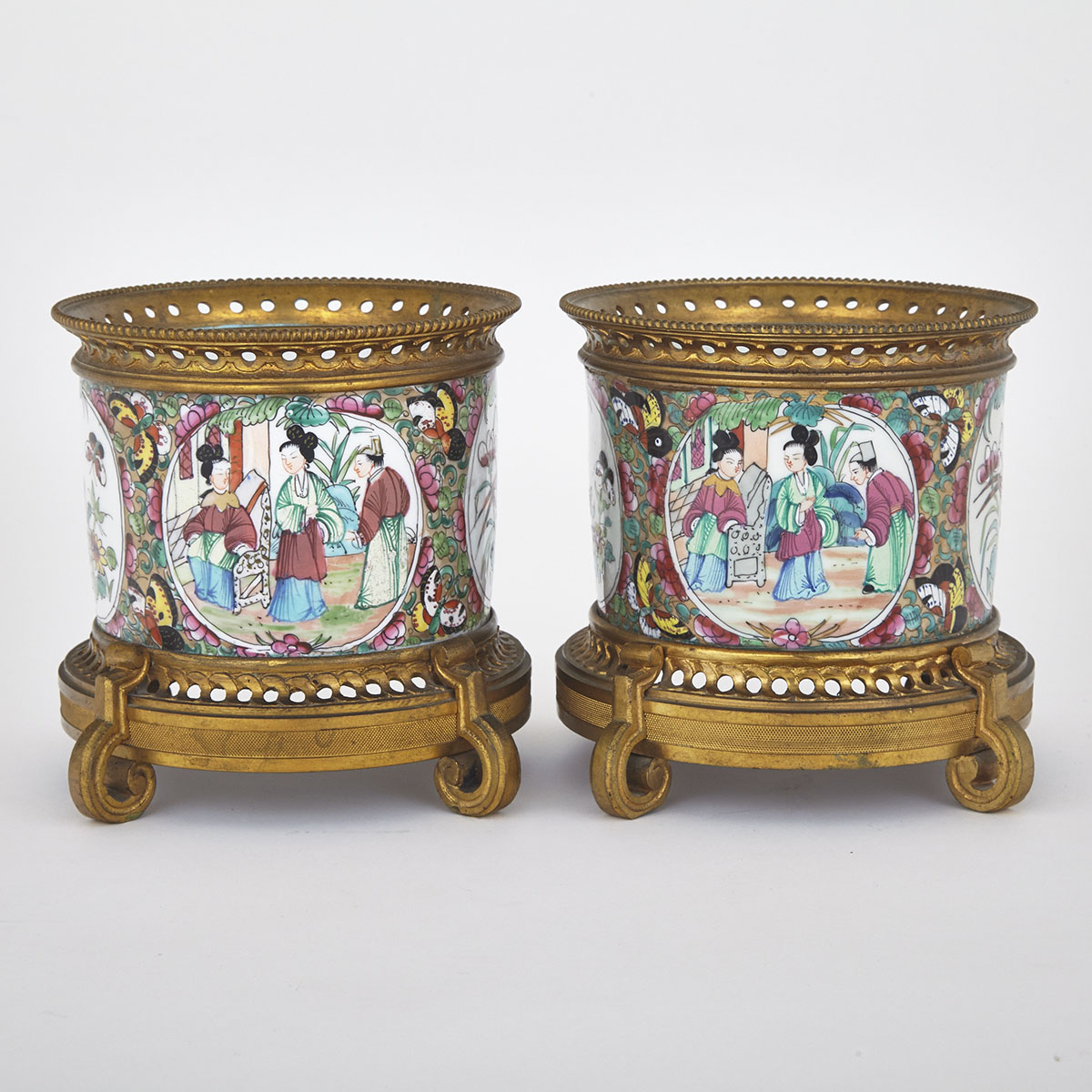 Pair of Ormolu Mounted Chinese Rose Medallion Porcelain Cachepots,  late 19th century