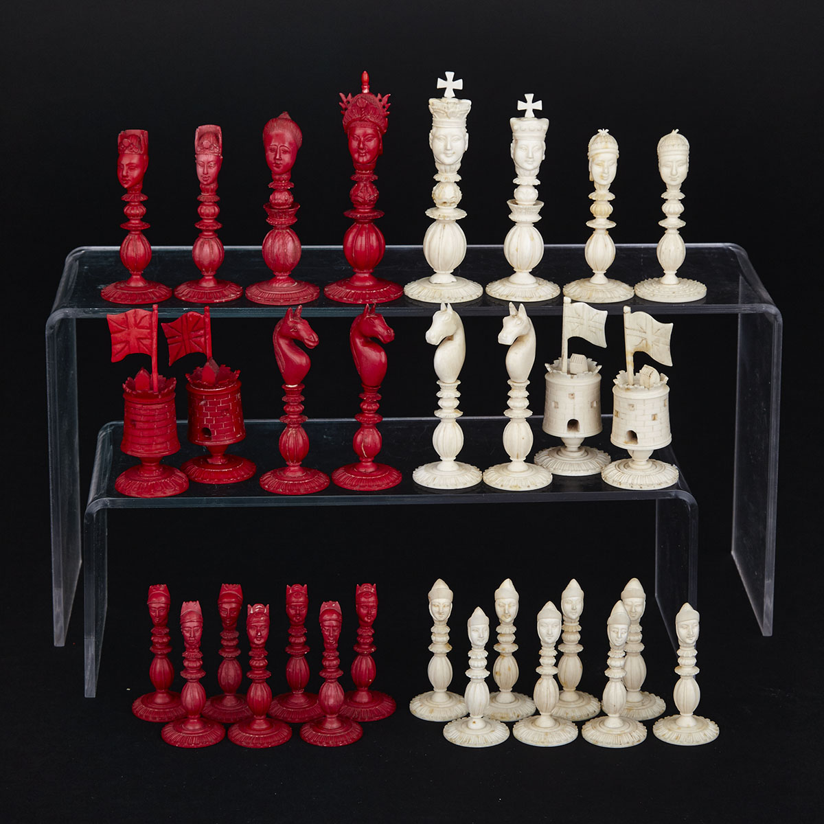 Chinese Export Turned and Carved Ivory ‘King George’ Bust Form Chess Set, Macao, early 19th century