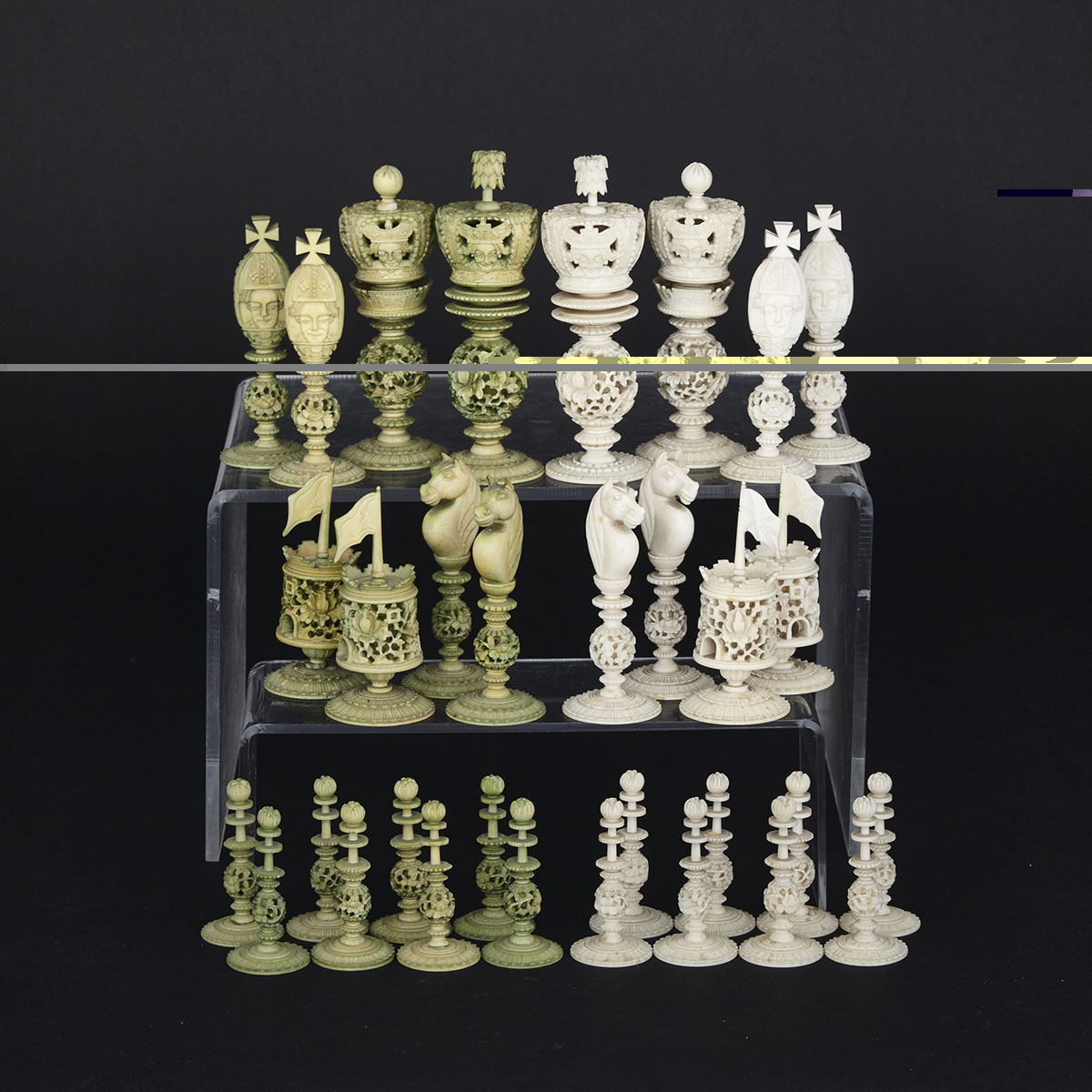 Large Chinese Export Turned and Carved Ivory ‘Burmese Pattern’ Chess Set, 19th century