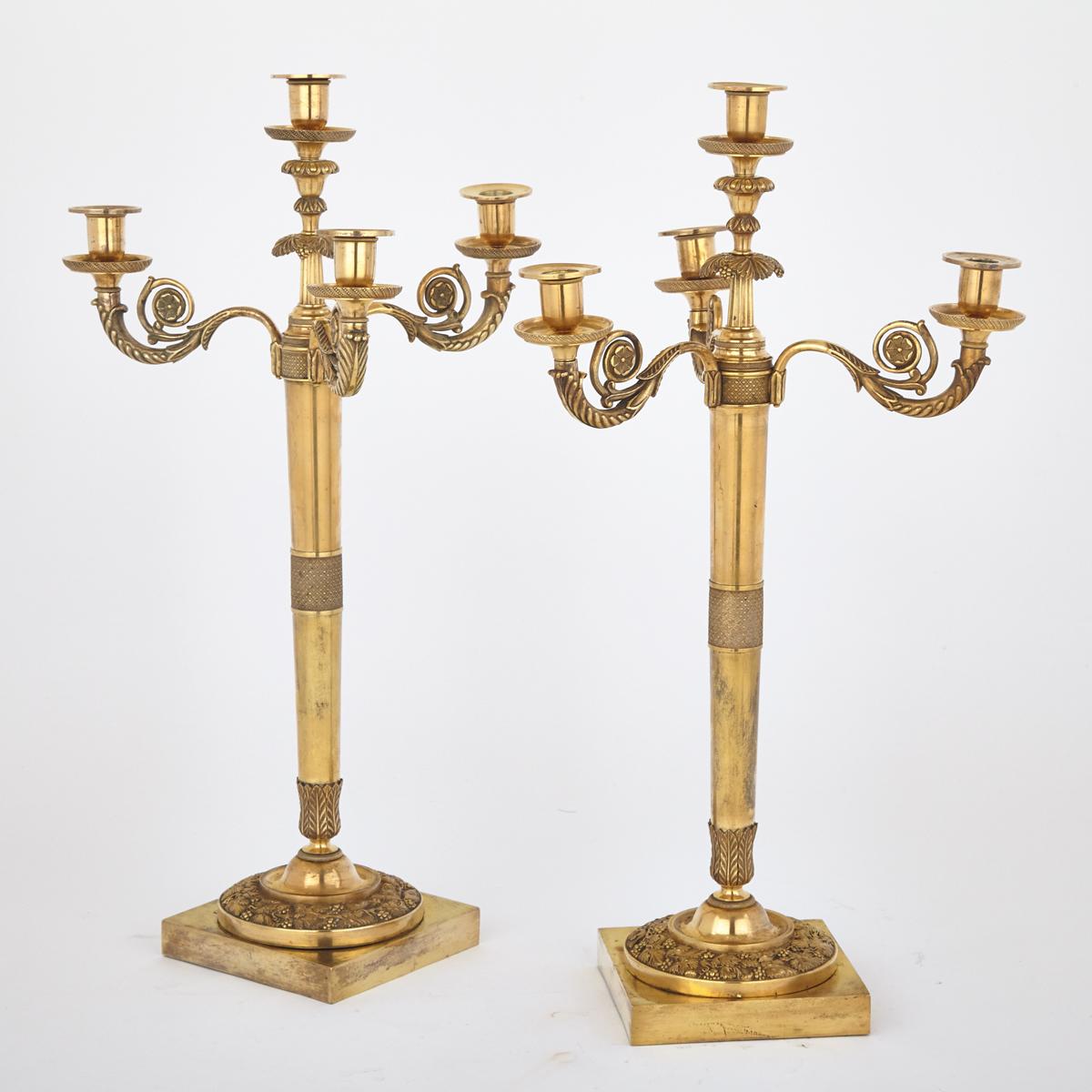 Pair of French Empire Style Gilt Bronze Candelabra, 19th century