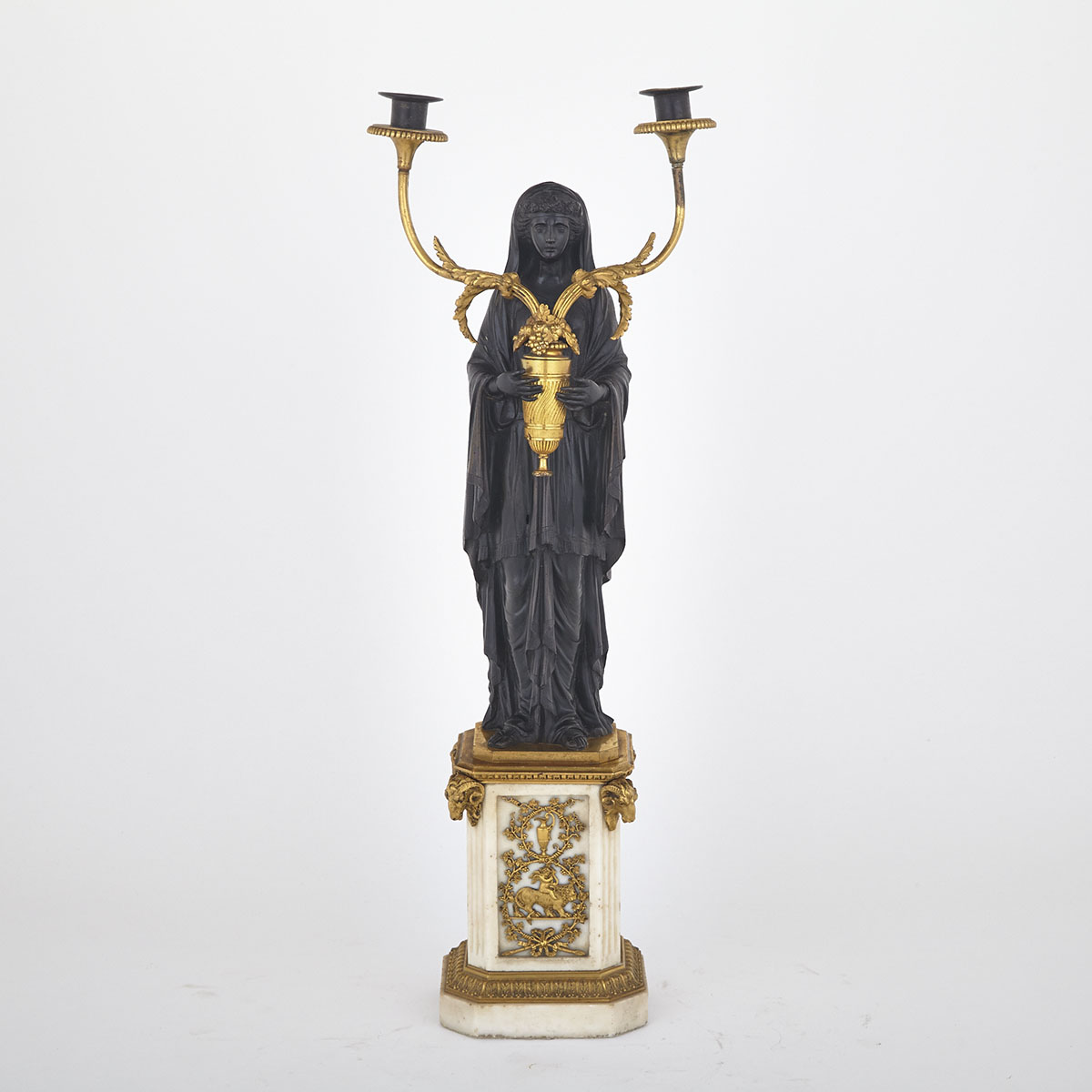 Louis XVI Style Gilt and Patinated Bronze and Marble Two Light Figural Candelabrum, late 18th/early 19th century