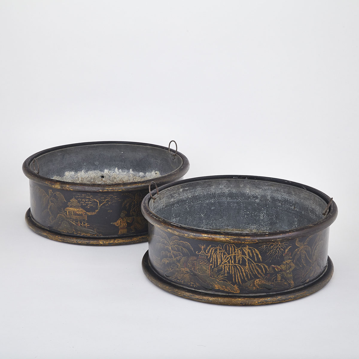Pair of English Japanned Low Jardinieres, Sutcliffe & Co., Manchester, mid 19th century