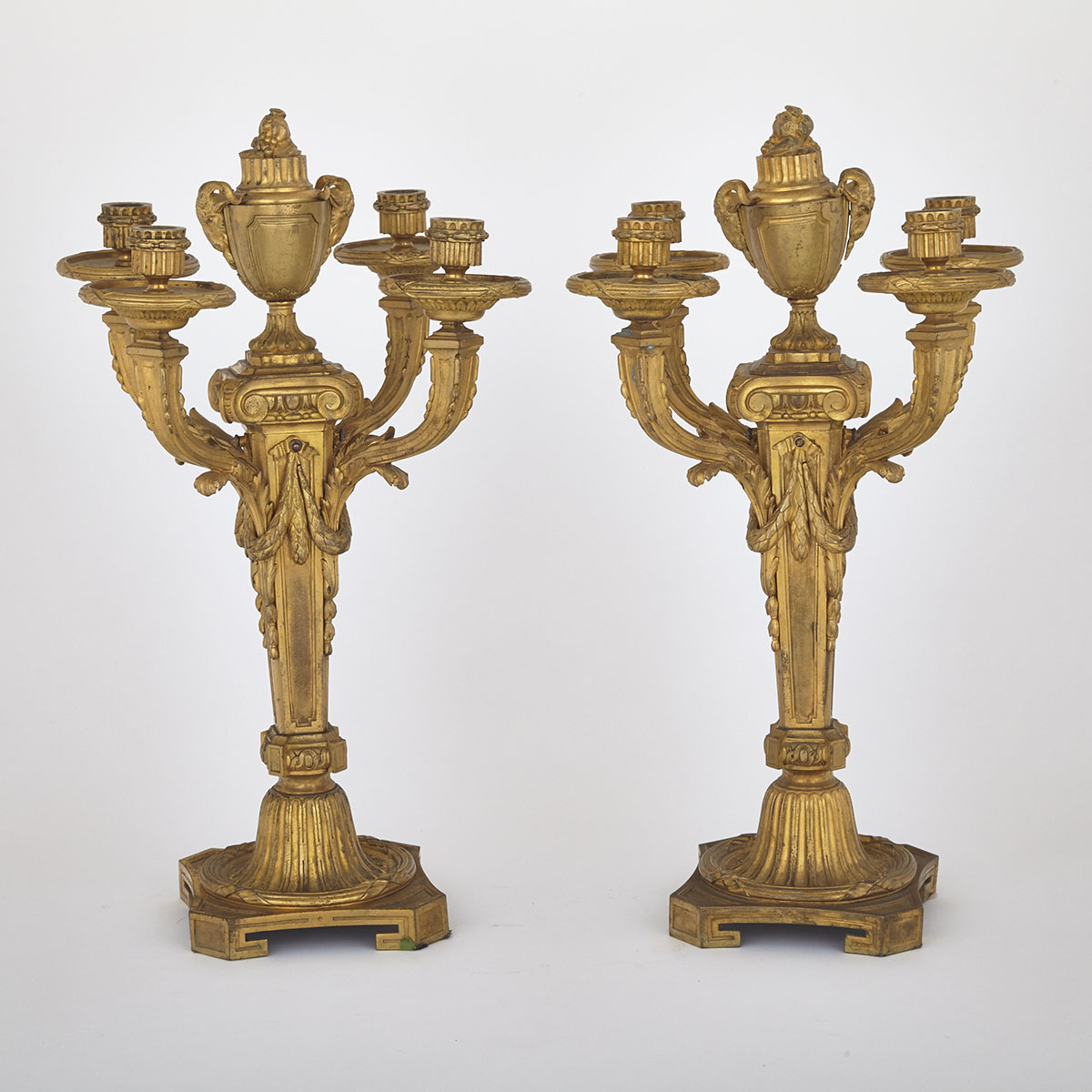 Large Pair of Louis XVI Style Gilt Bronze Four Light Candelabra, 19th century