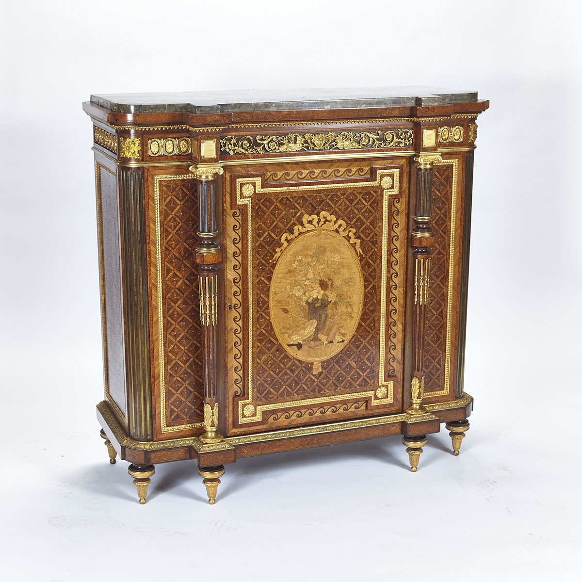 Louis XVI Style Ormolu Mounted Burl Walnut, Kingwood, Tulipwood and Amaranth Inlaid Side Cabinet, 19th century