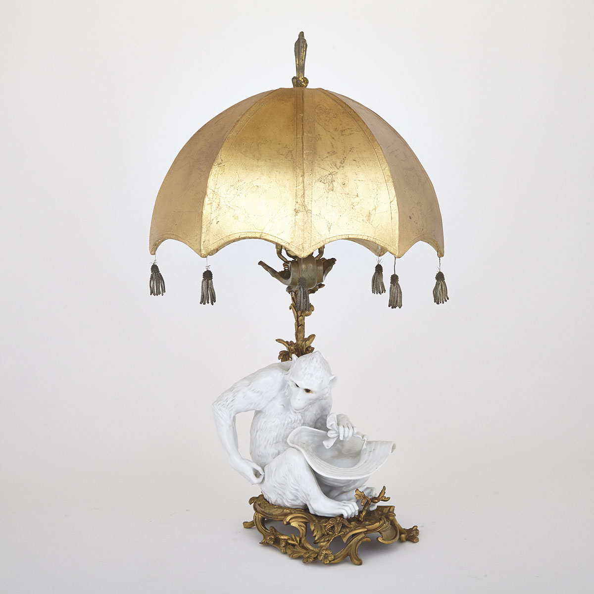 French Porcelain Mounted Gilt Bronze Monkey Form Table Lamp, 19th century