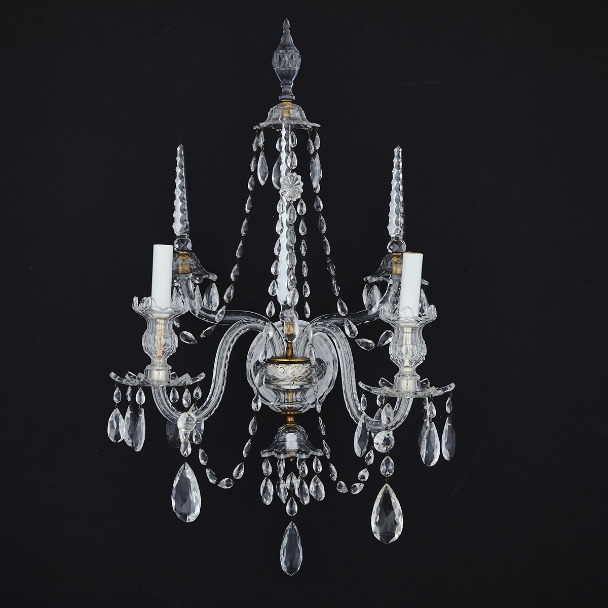 Set of Four George III Style Anglo Irish Cut Glass Two Light Wall Sconces, early 20th century 