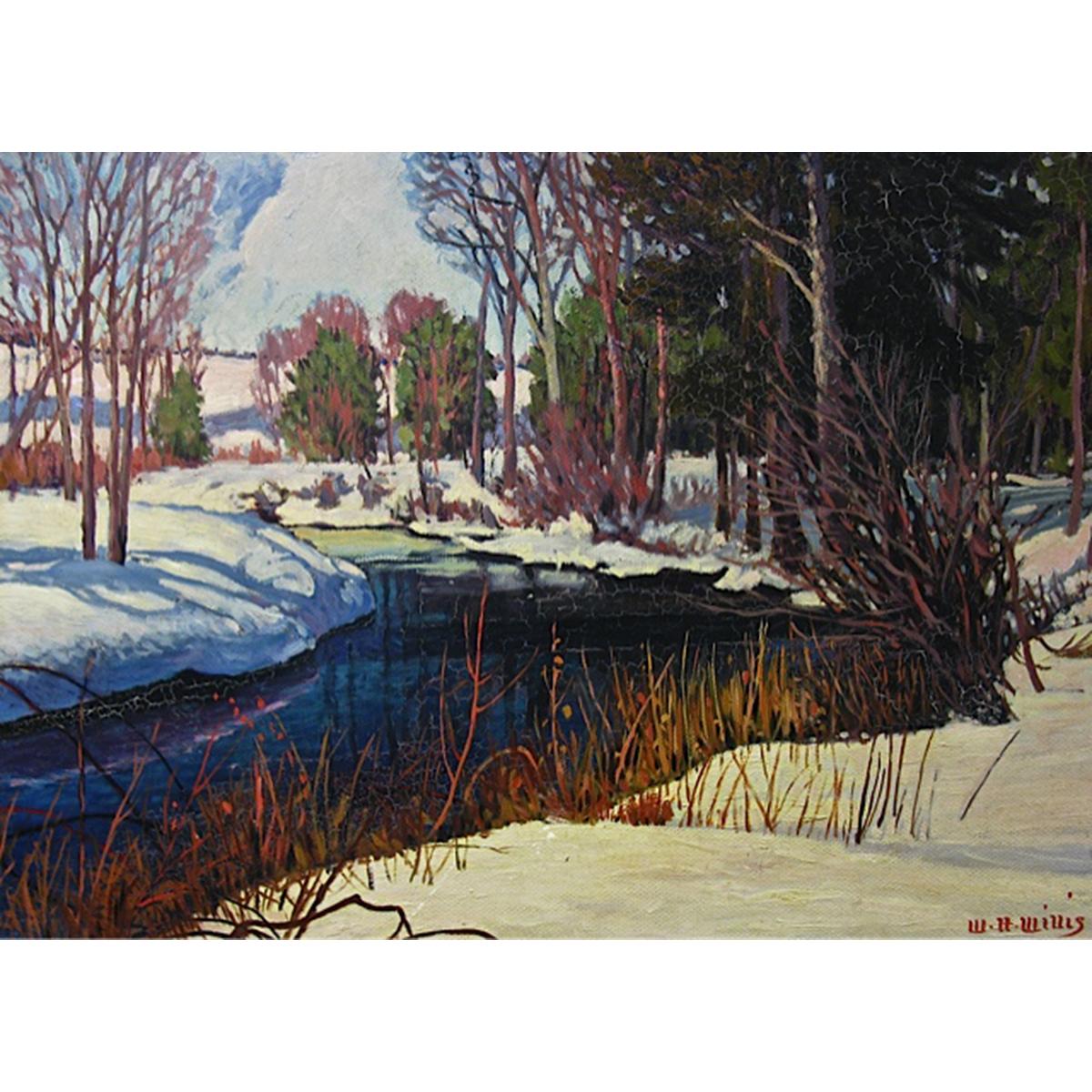 WILLIAM HARRY WILLIS (CANADIAN, 20TH CENTURY) WINTER CREEK STUDY  OIL ON BOARD; SIGNED LOWER RIGHT (Cond. noted)  19.5” x 29.5”