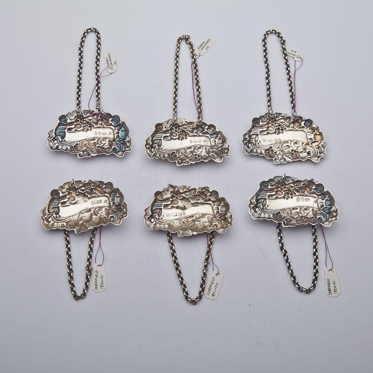 Set of Six George IV Silver Wine Labels, Robert Gainsford, Sheffield, 1821 