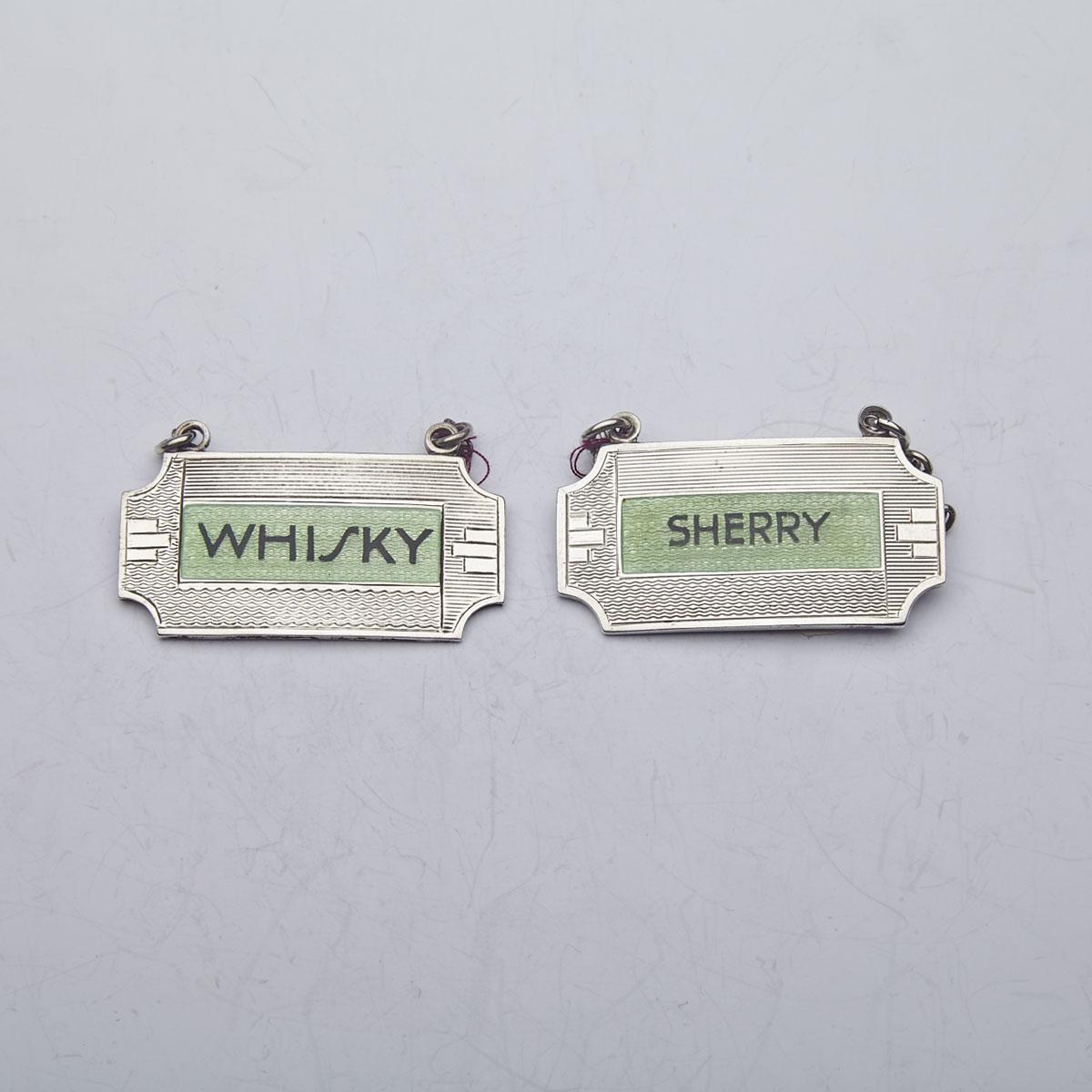 Pair of English Silver and Enamel Art Deco Wine Labels, Turner and Simpson, Birmingham, 1933/36 