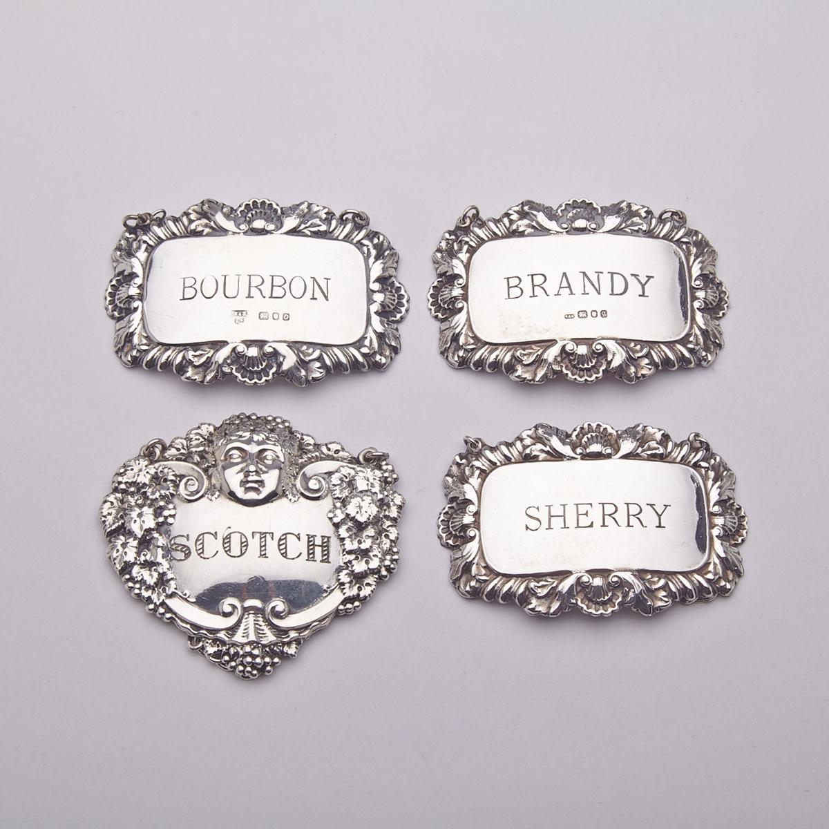 Four English Silver Wine Labels, various makers, London and Birmingham, 1967-82