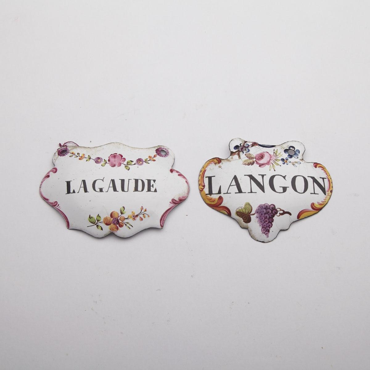 Two Enamel Wine Labels, late 18th century