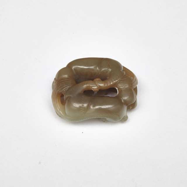 Olive Green Jade Carving of Two Cats 