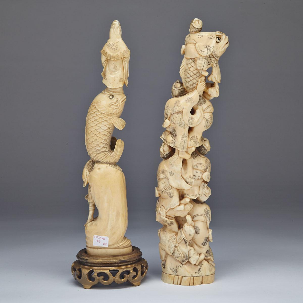 Two Tusk-Form Ivory Okimono Groups, Meiji Period, Circa 1900