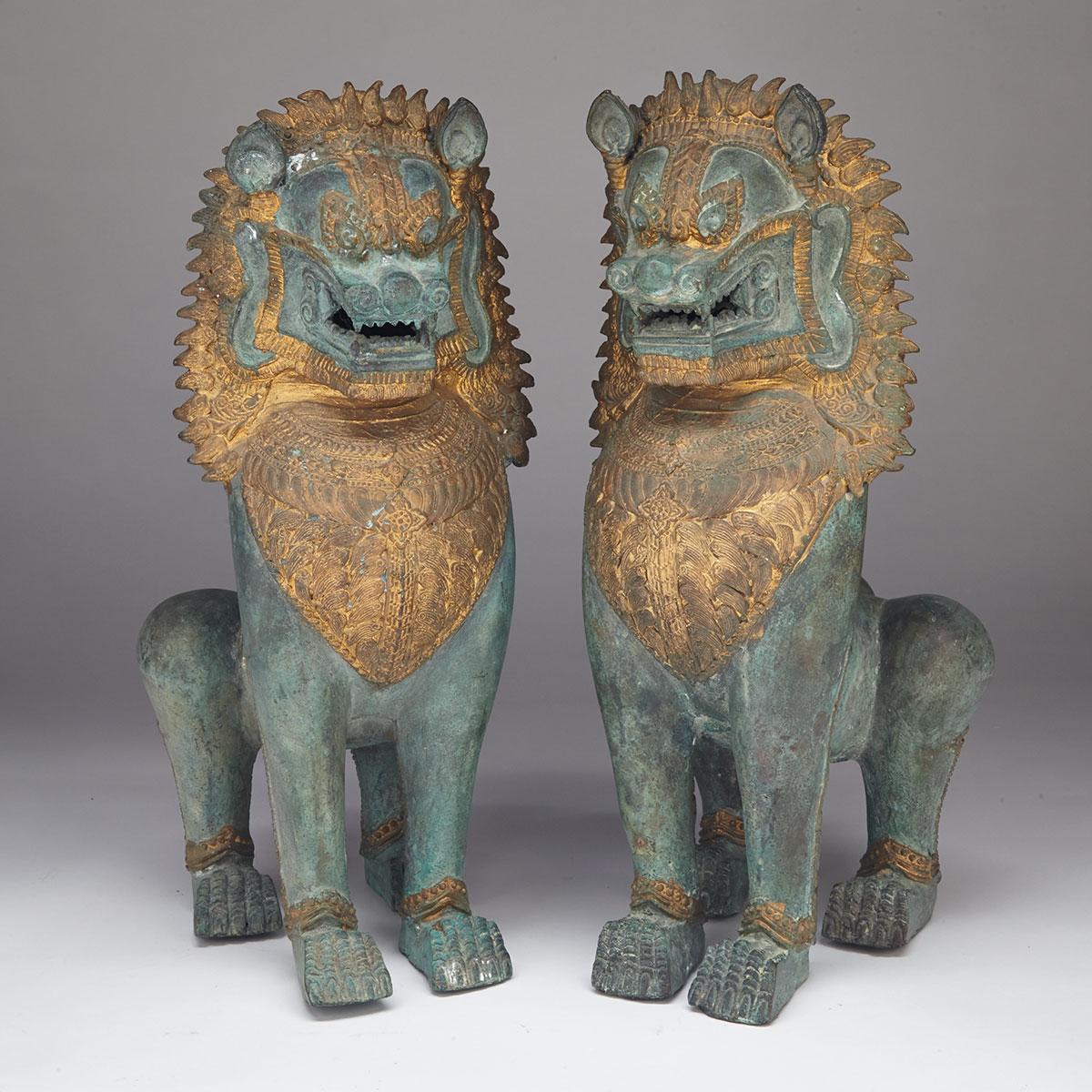 Pair of Cold-Painted Bronze Lions, South East Asia, Mid-20th Century 