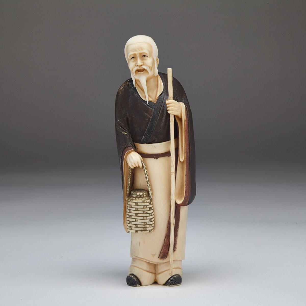 Lacquer Ivory Okimono of an Old Man, Meiji Period, Late 19th Century 
