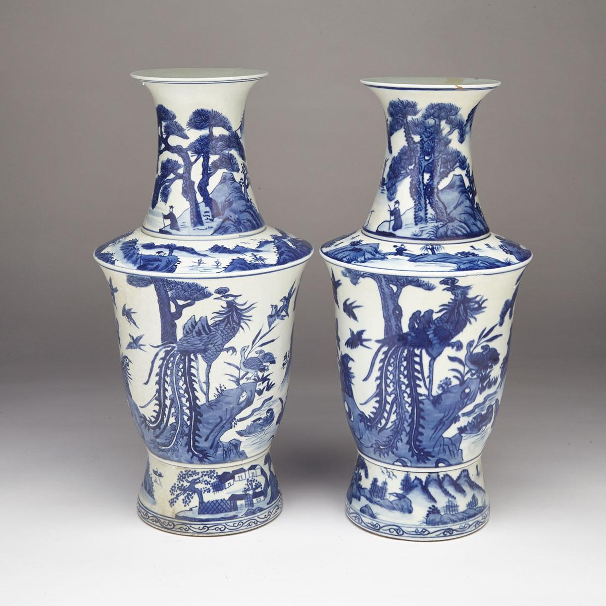 Pair of Blue and White ‘Fauna and Landscape’ Vases, Qianlong Mark