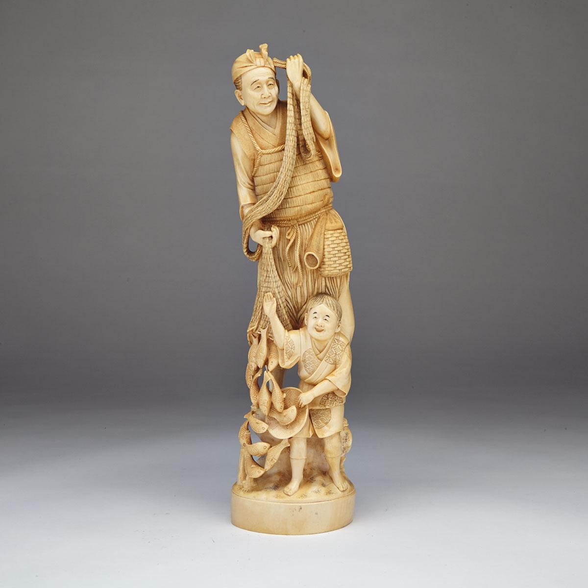 Large Tinted Ivory of a Fisherman and Son, Meiji Period, Late 19th Century