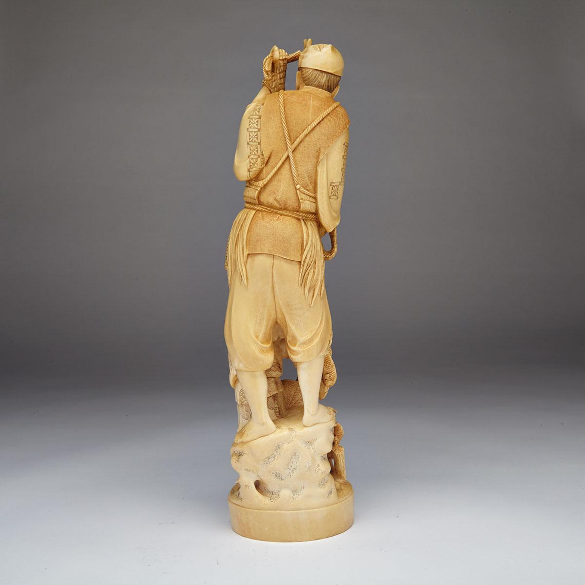Large Tinted Ivory of a Fisherman and Son, Meiji Period, Late 19th Century