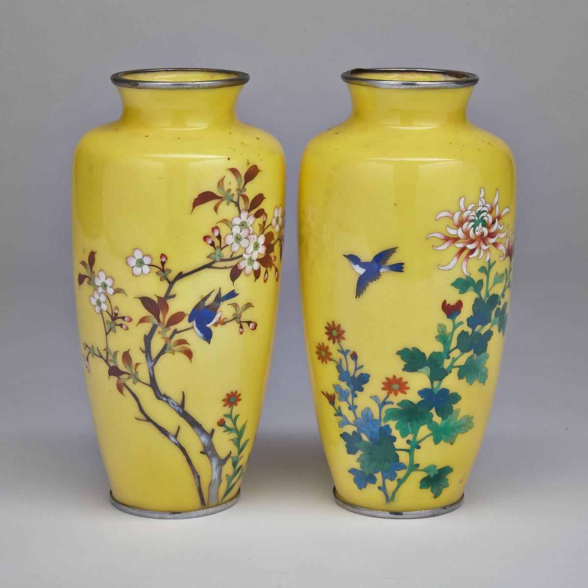 Pair of Yellow Ground Cloisonné Enamel Vases, Meiji Period, Circa 1900
