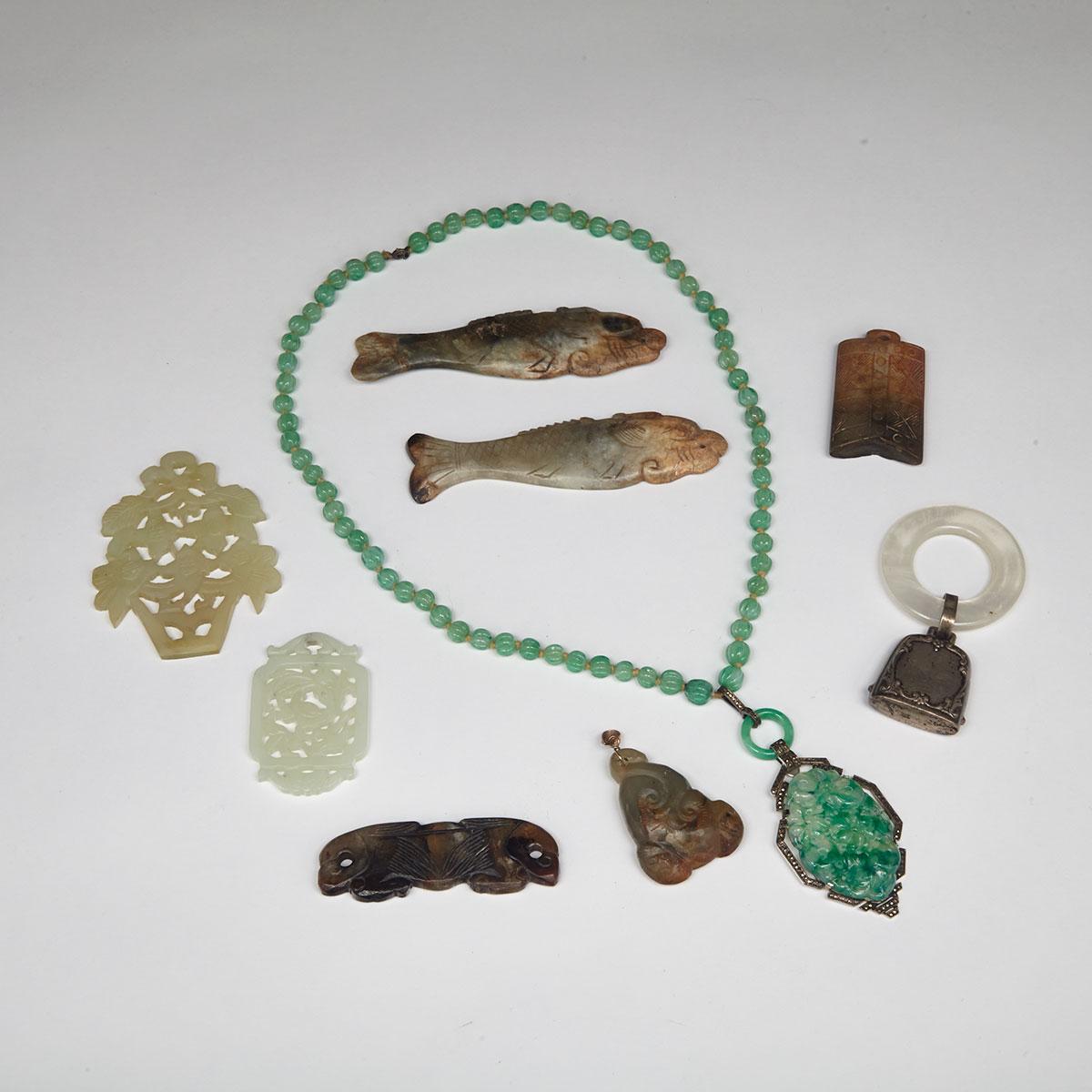 Group of Nine Assorted Jade and Various Hardstone Pendants