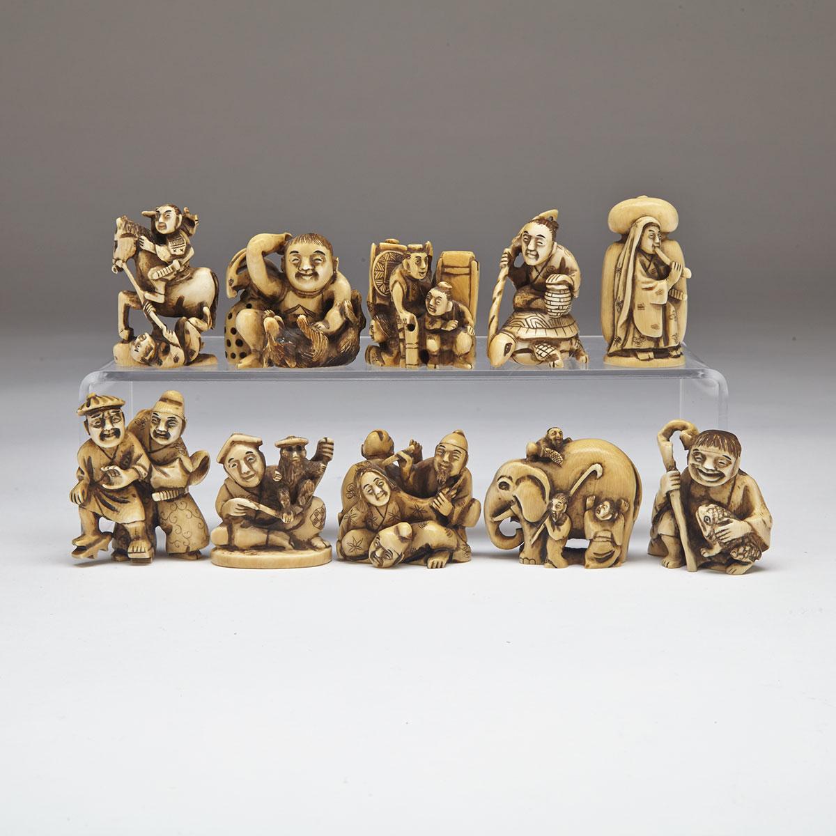 Group of Ten Stained Ivory Figural Netsukes 