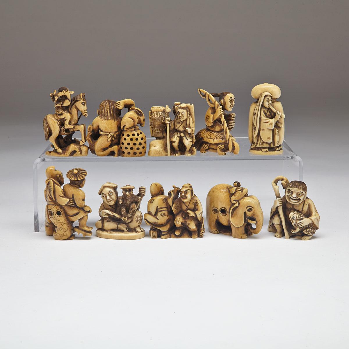 Group of Ten Stained Ivory Figural Netsukes 