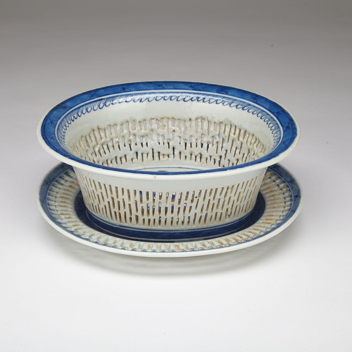 Export Blue and White Reticulated Bread Basket and Tray, 19th Century 