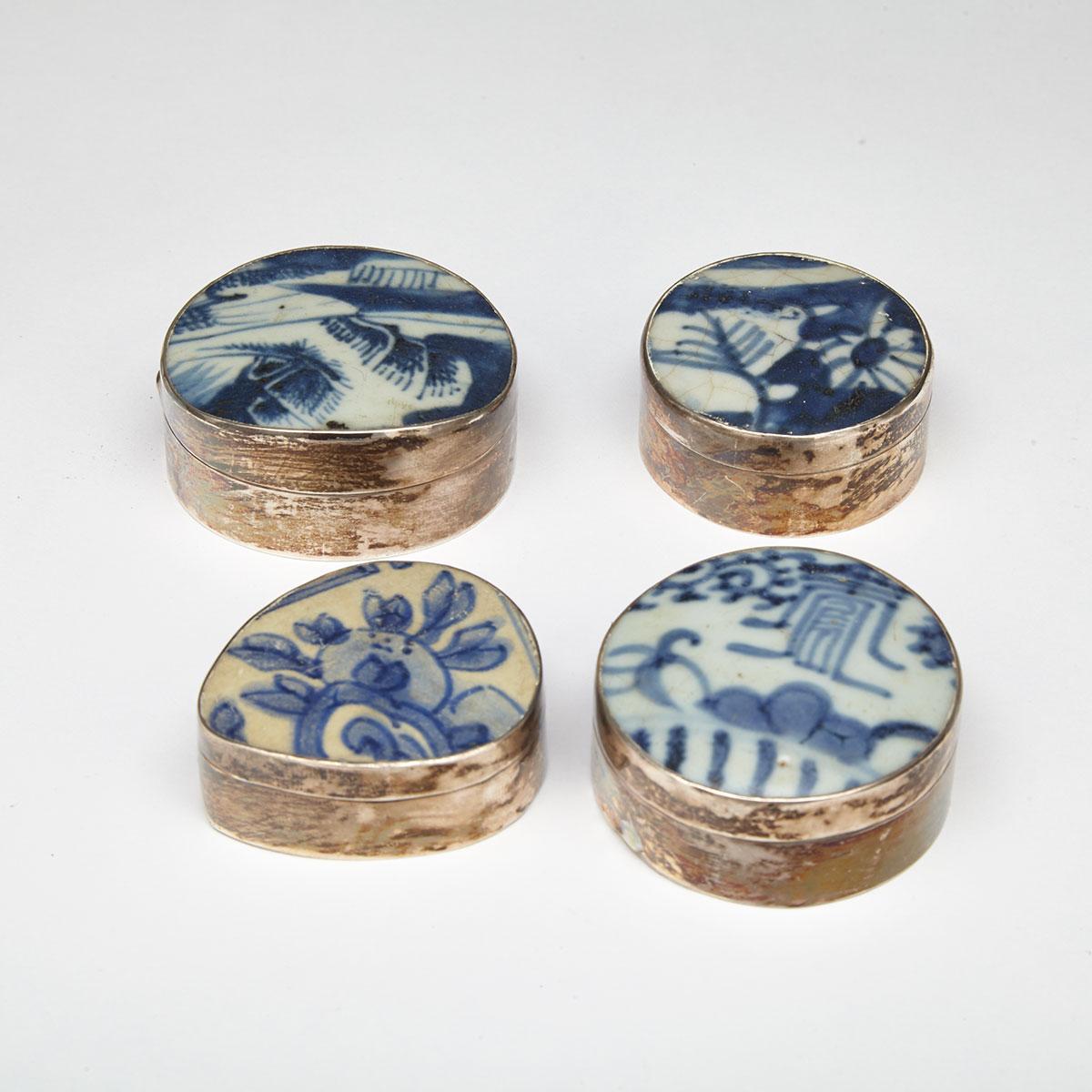 Four Blue and White Porcelain Inlay Silver Boxes 