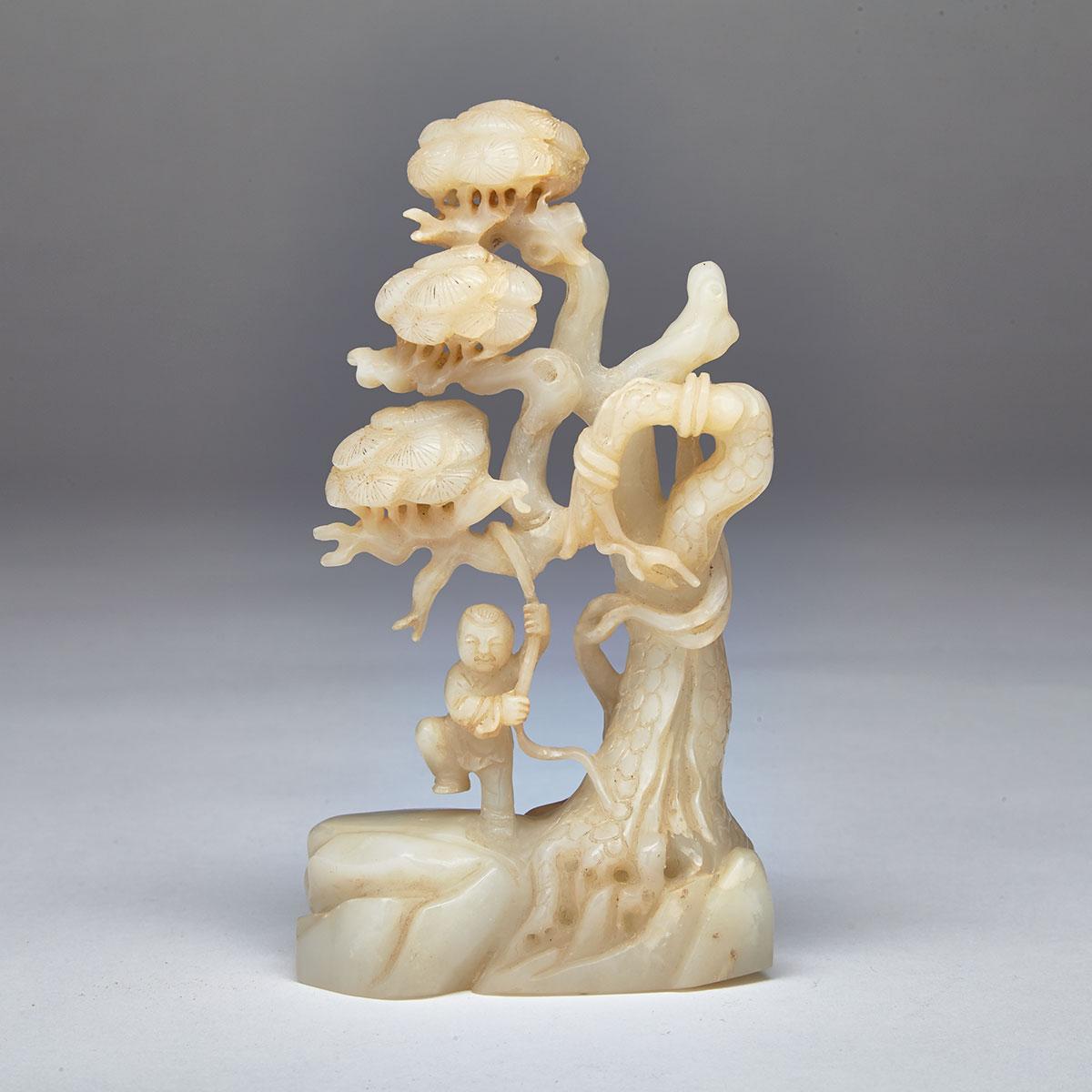 White Jade Carving of a Boy and Pine Tree 