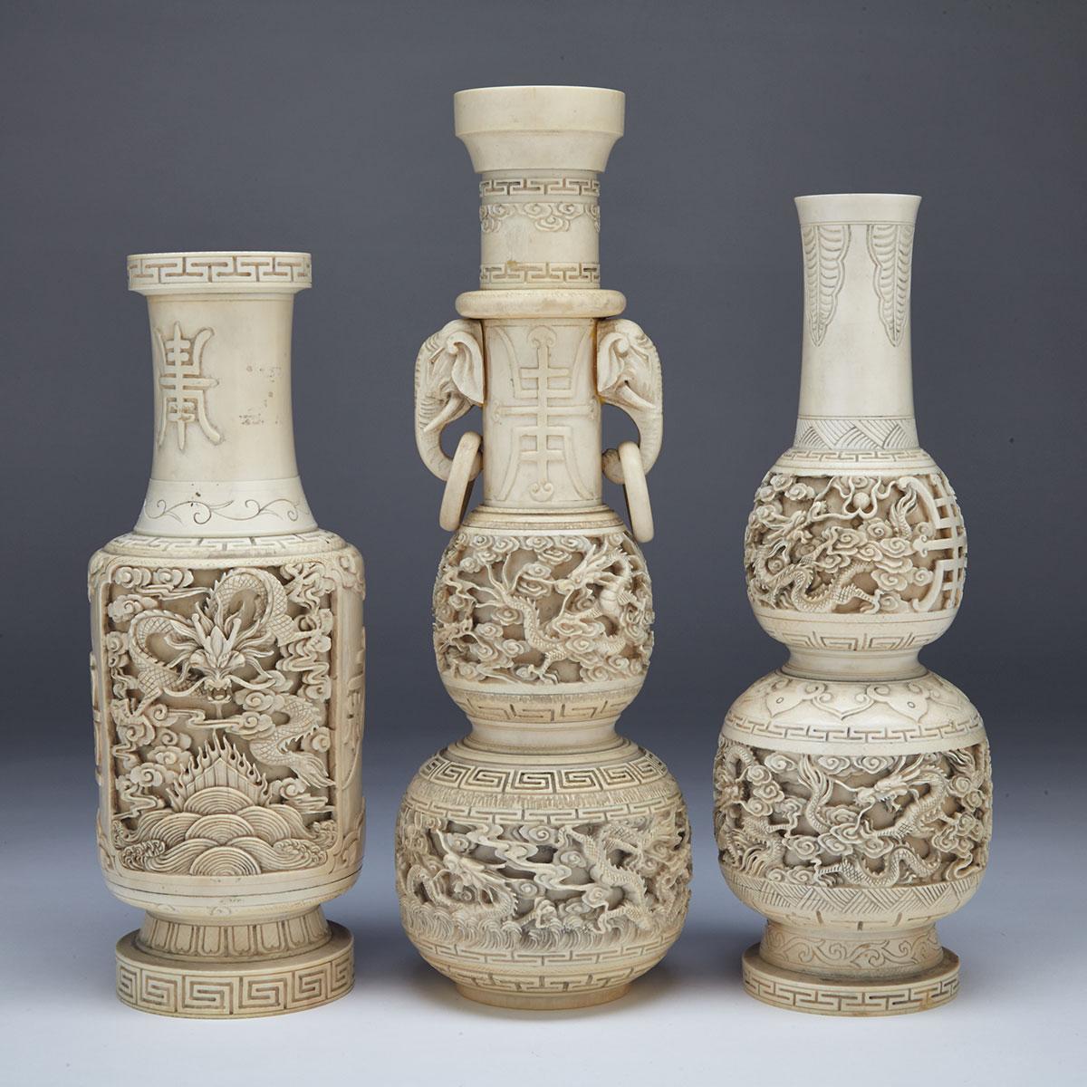Three Ivory Carved Dragon Vases, Circa 1930’s